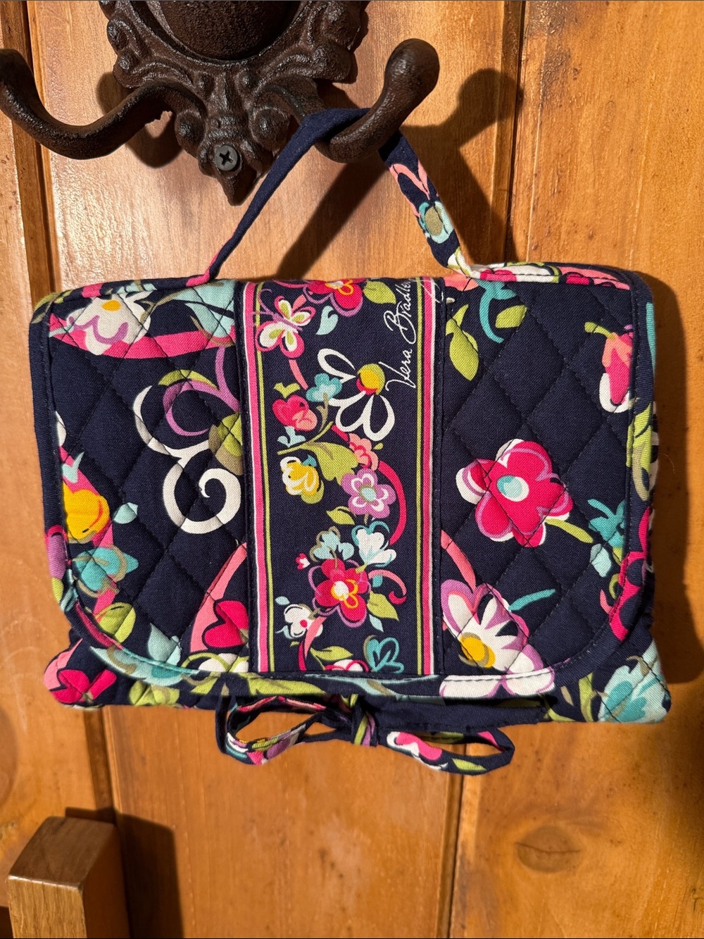 Vera Bradley Ribbons Navy Floral Quilted Handled Cosmetic Organizer